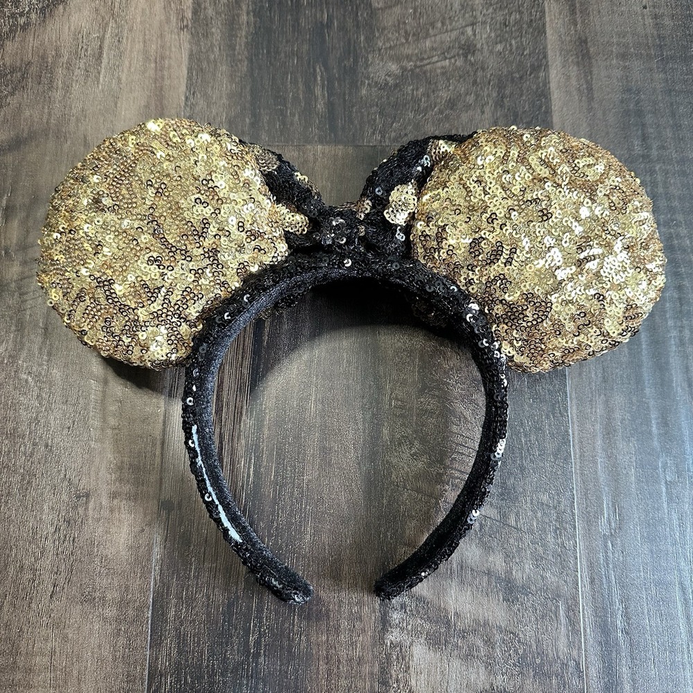 Disney Parks Gold Sequin & Black Bow Gold Polka Dots Minnie Ears Headband No Tag - Picture 2 of 2